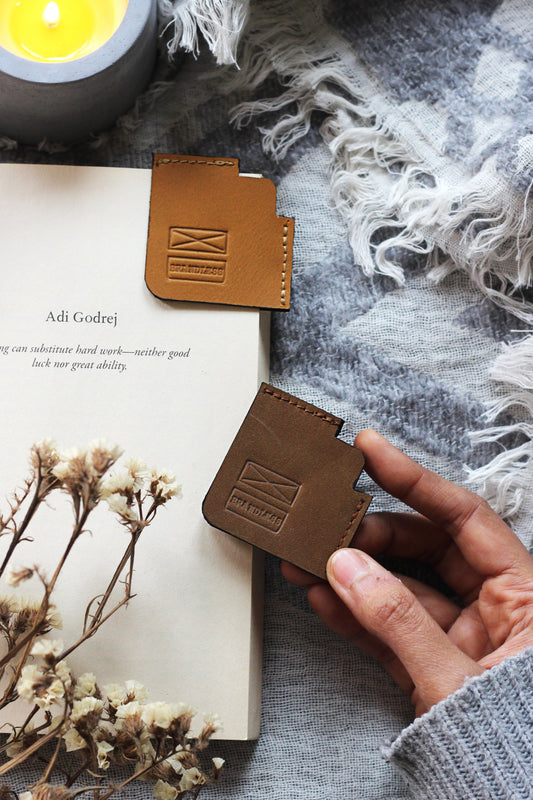 handcrafted genuine leather Corner Bookmark, meticulously crafted by our team of skilled artisans. skilfully created with a sustainable zero-waste policy, utilising leather from production excess, all while maintaining the highest standards of quality.. Personalised corporate gift ideas.