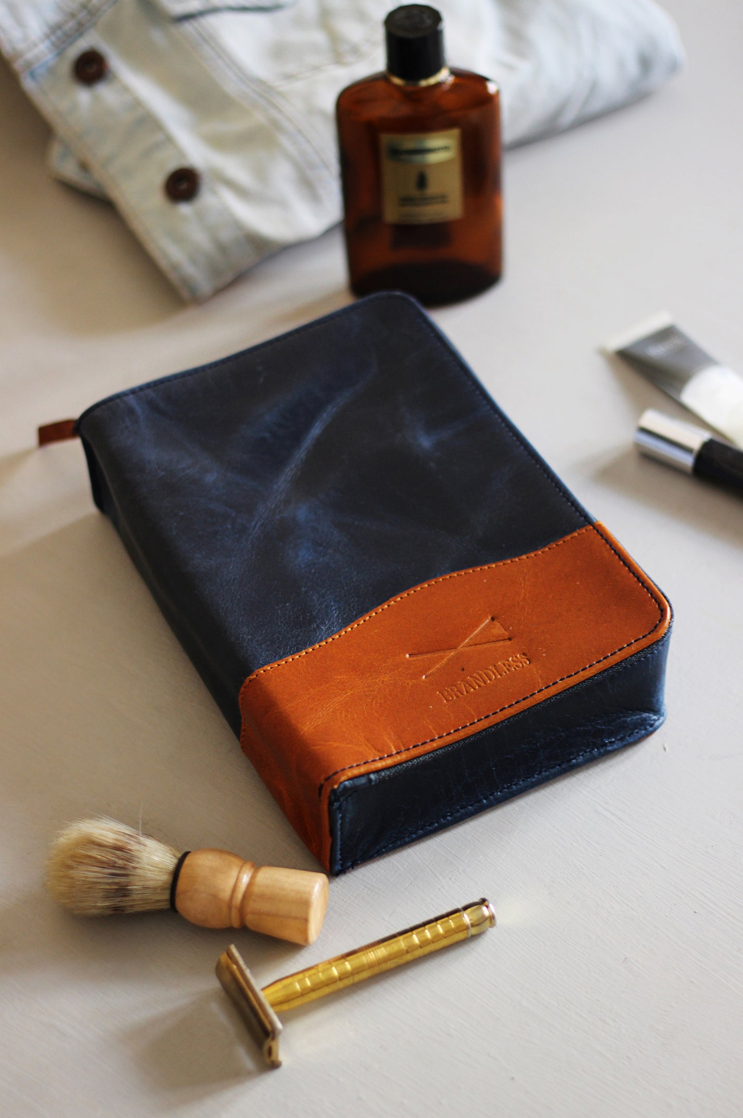 Travel Dopp Kit handcrafted in genuine leather. Mens grooming essential. Luxury Corporate Gifting. Leather Shaving Kit by Brandless