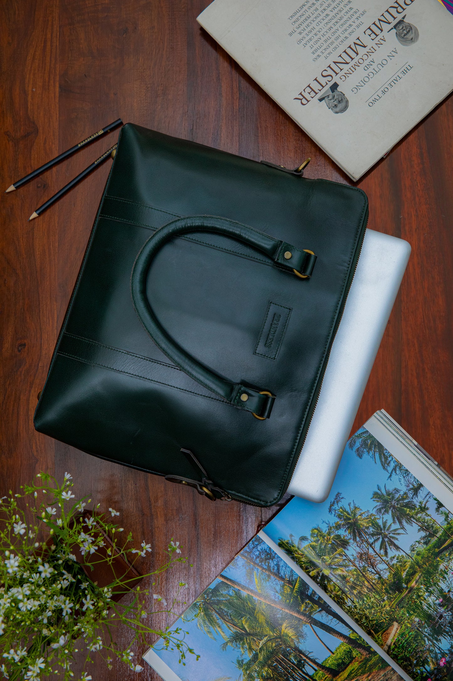 Elemental Laptop Bag- Dark Green Leather