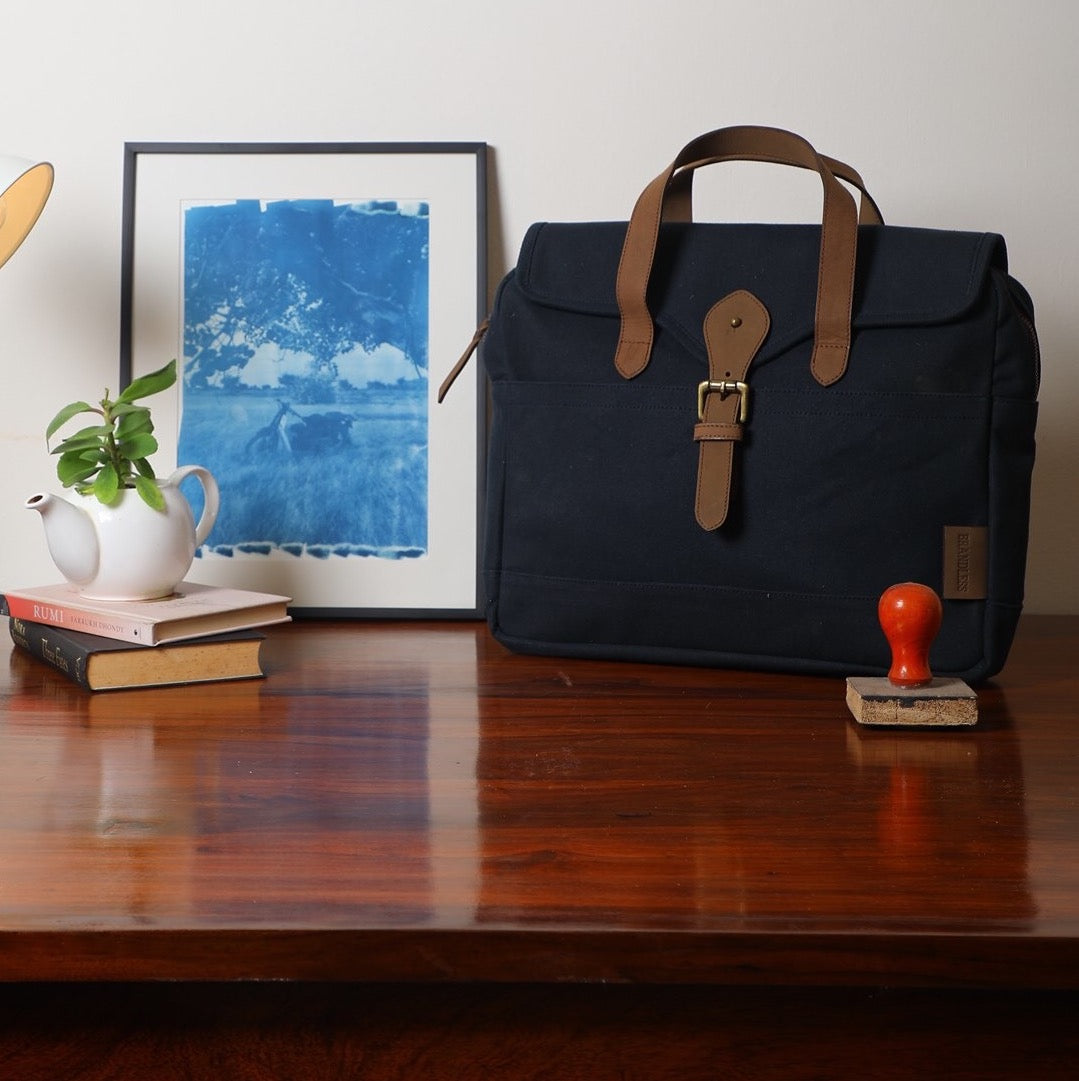 Apprentice Laptop Bag Blue Canvas Leather - Main Image