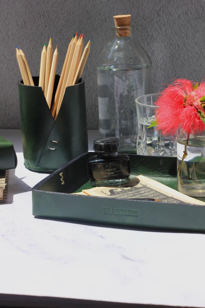 DRAFTER PEN STAND- DARK GREEN LEATHER