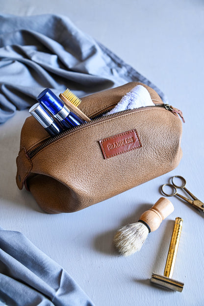 Travel Dopp Kit handcrafted in genuine leather. Mens grooming essential. Luxury Corporate Gifting. Shaving Kit.