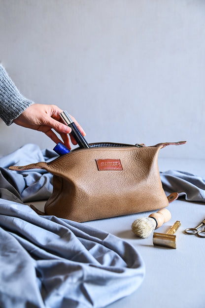 Travel Dopp Kit handcrafted in genuine leather. Mens grooming essential. Luxury Corporate Gifting. Shaving Kit.