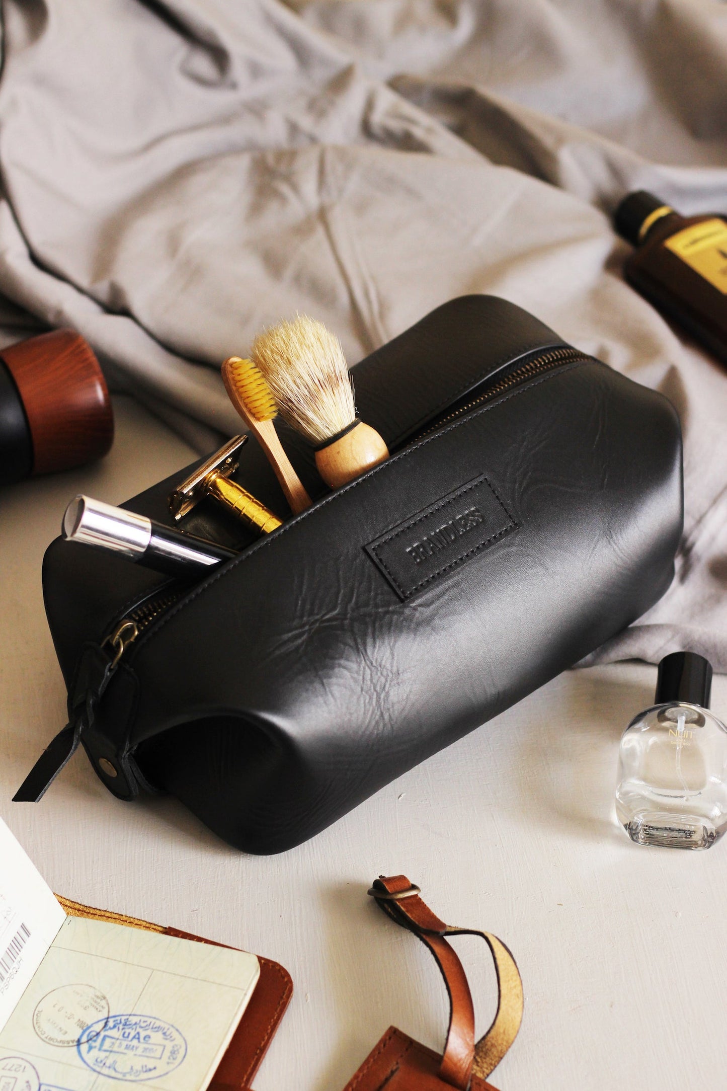 Travel Dopp Kit handcrafted in genuine leather. Mens grooming essential. Luxury Corporate Gifting. Shaving Kit.