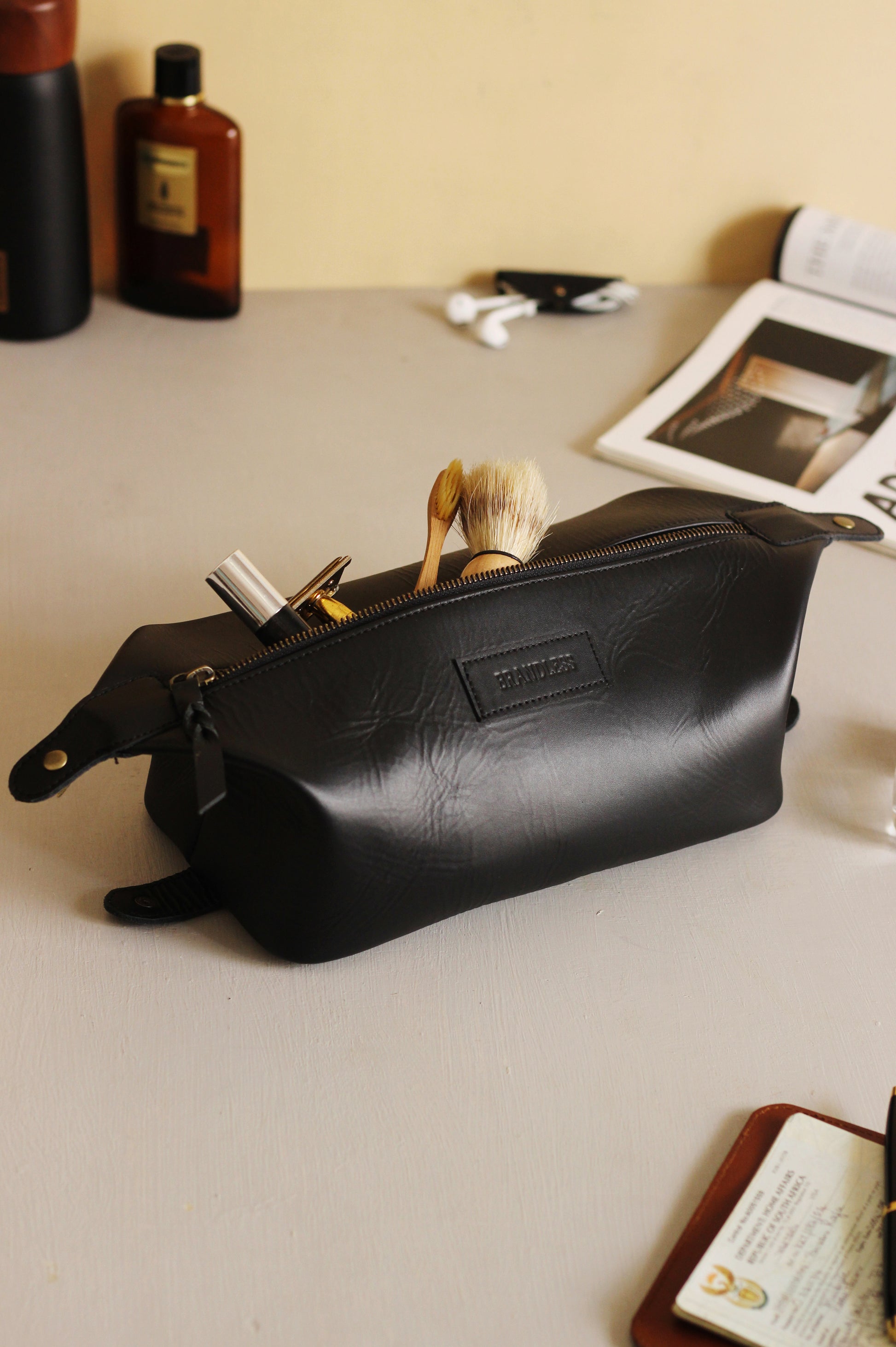 Travel Dopp Kit handcrafted in genuine leather. Mens grooming essential. Luxury Corporate Gifting. Leather Shaving Kit by Brandless