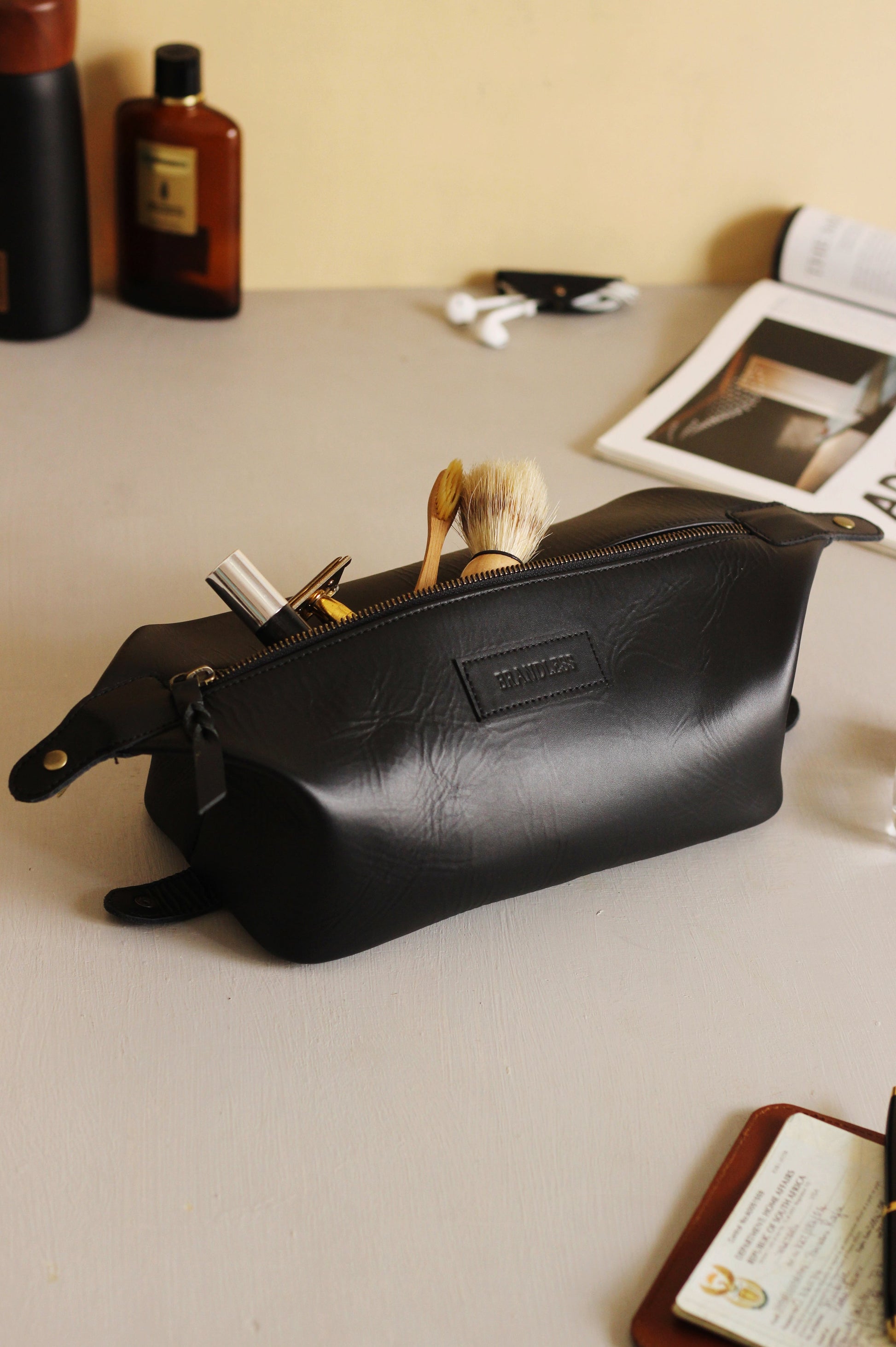 Travel Dopp Kit handcrafted in genuine leather. Mens grooming essential. Luxury Corporate Gifting. Shaving Kit.