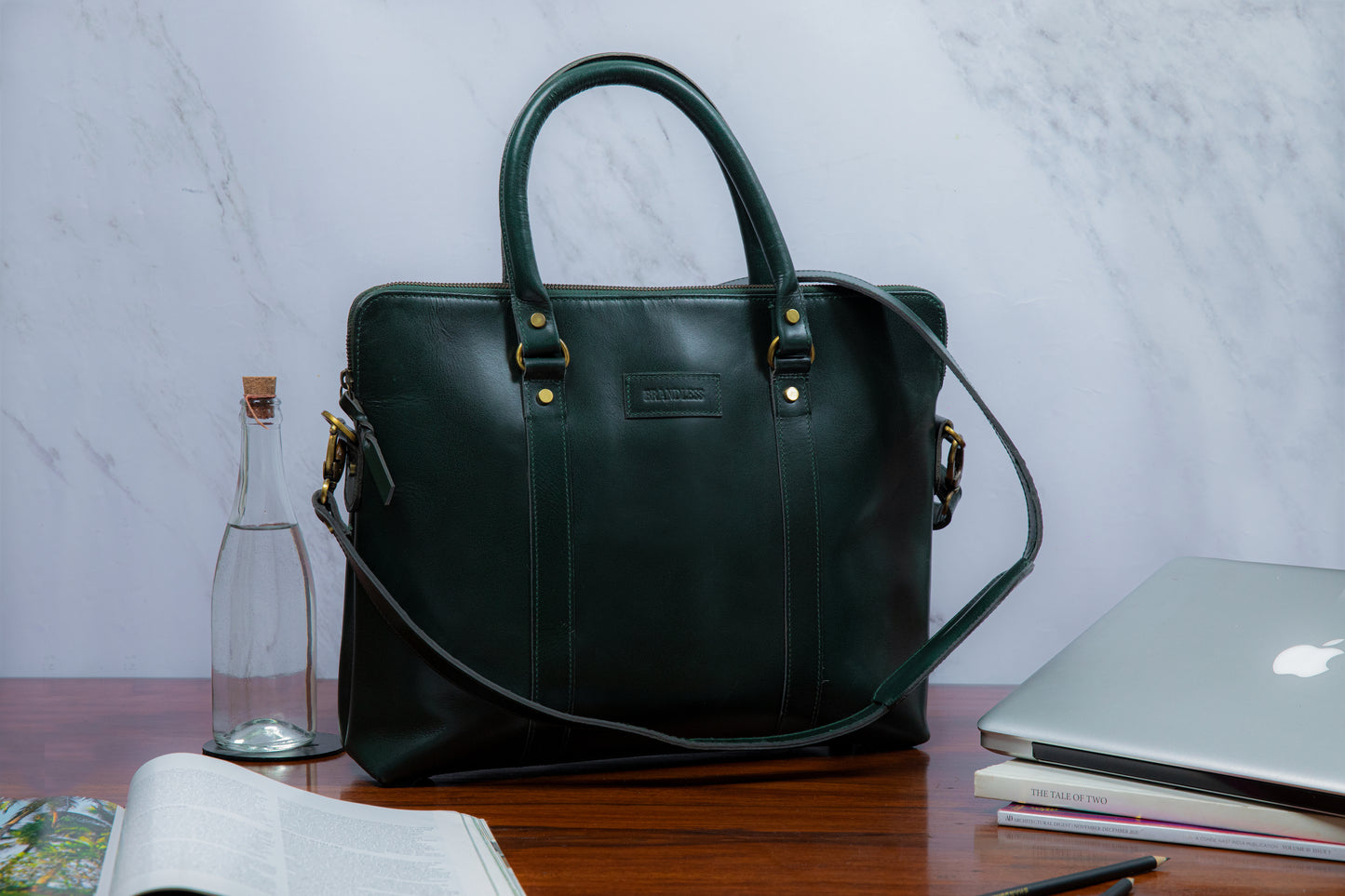 Elemental Laptop Bag- Dark Green Leather