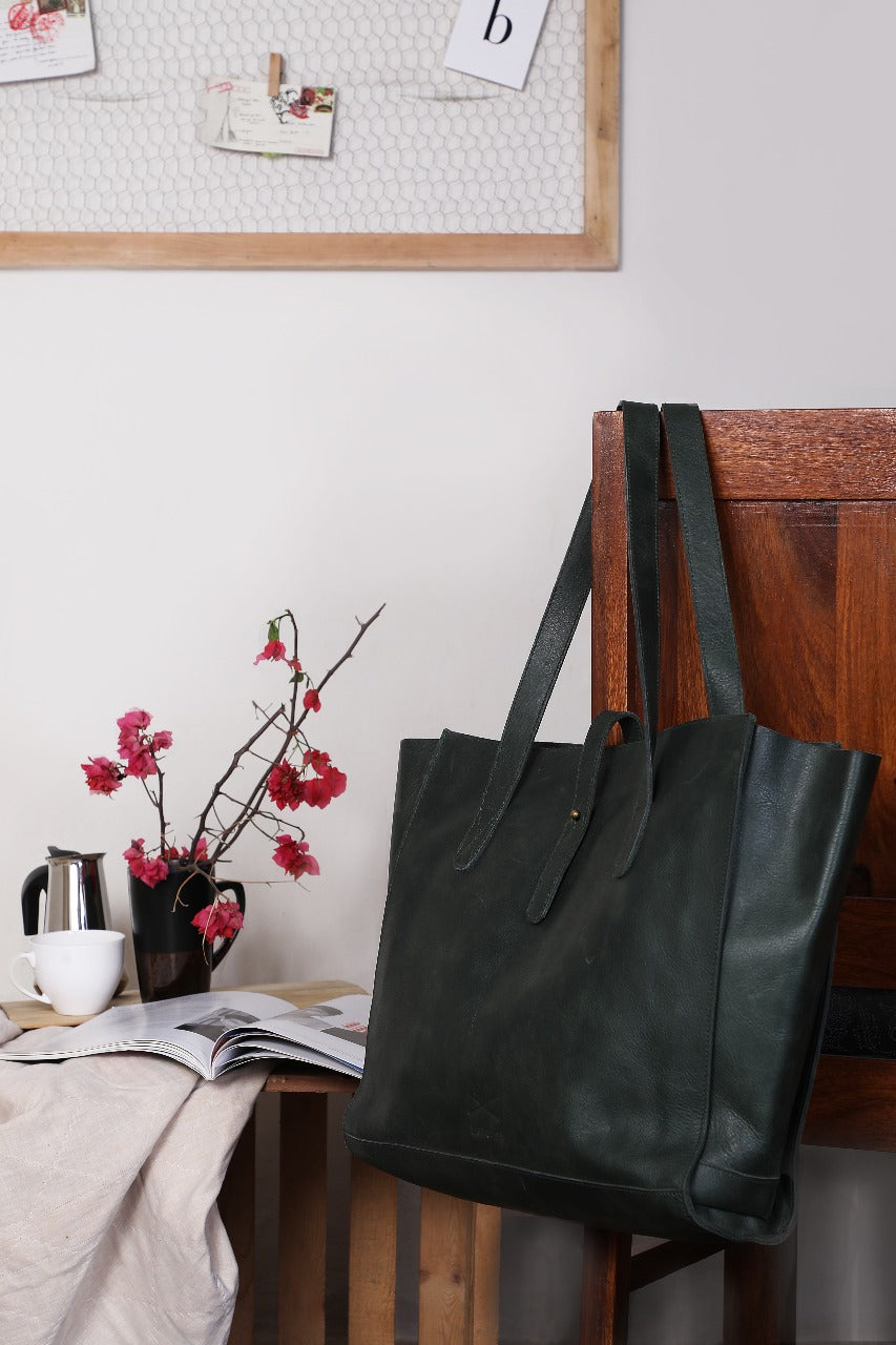 All Day Tote Bag- Dark Green Leather