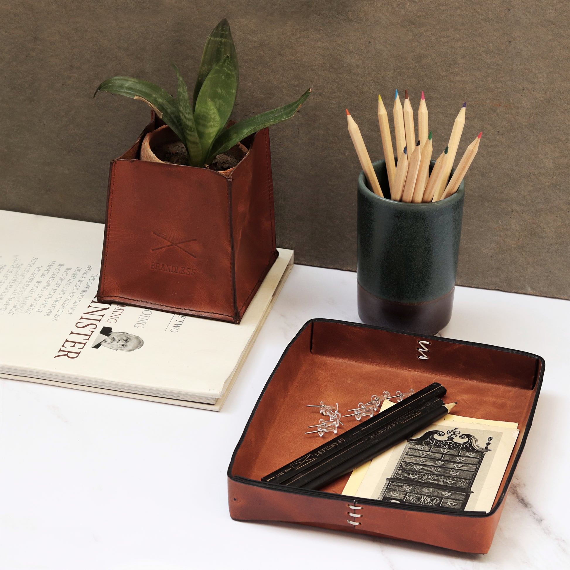 gift set leather organiser desk tray plant case home decor